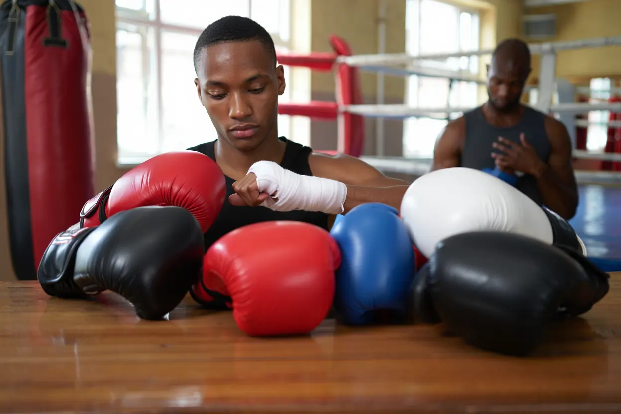 Homme boxeur assis à une table, plusieurs gants rouges, noirs, bleus et blancs posés devant lui; dope d’entraînement dans un gymnase.