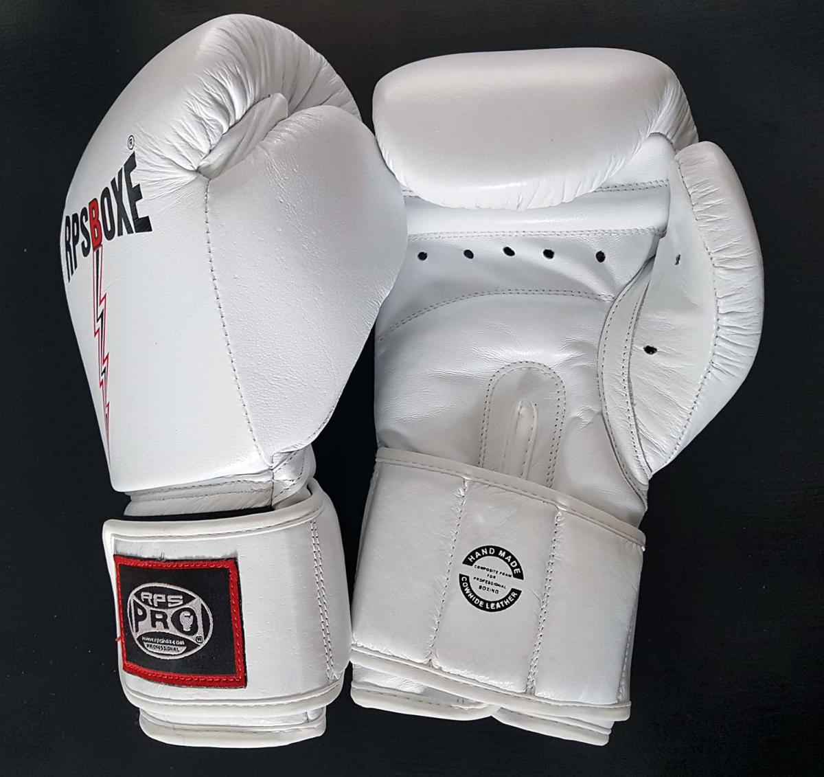 Gants de boxe blancs RPS Boxe sport pro, en cuir, avec lacet et logo noir sur poignet, vu de face et côté.