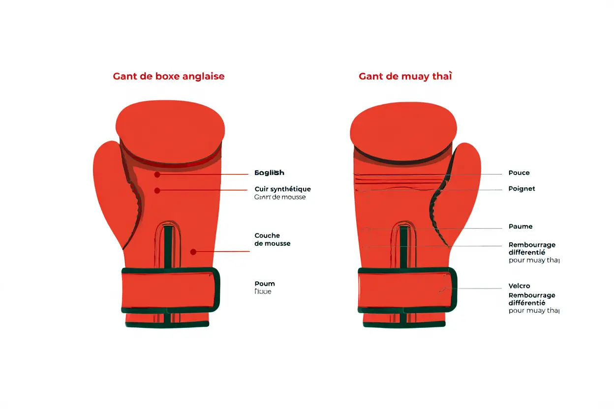 Différence entre gant de boxe anglaise et gant de muay thaï : schéma comparatif montrant les deux gants avec étiquettes sur les zones de rembourrage et structure (differences pour muay thaï).