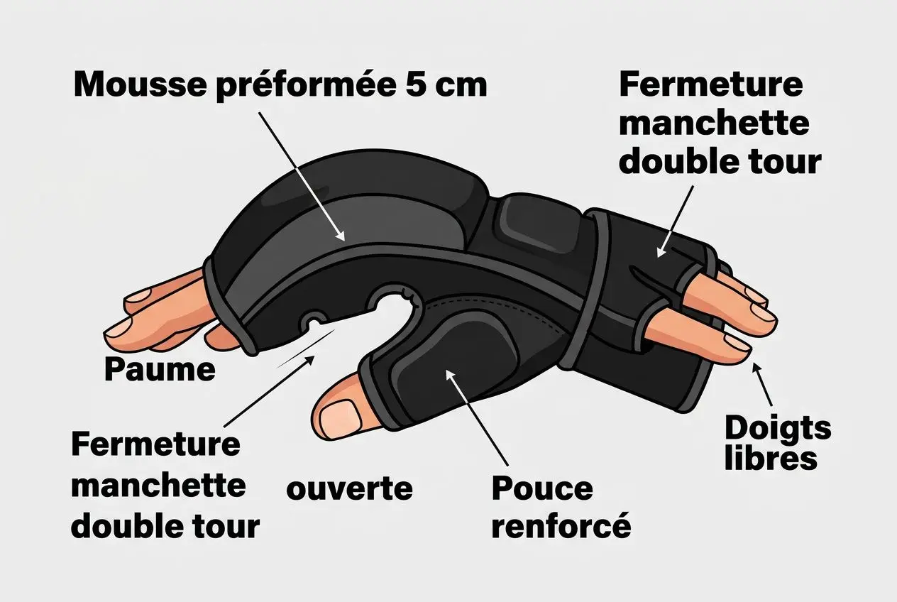 Gant de boxe avec moussse préformée et fermeture à double tour, doigt libre et pouce renforcé, doigtés ouverts. Taille gant de boxe compétition.