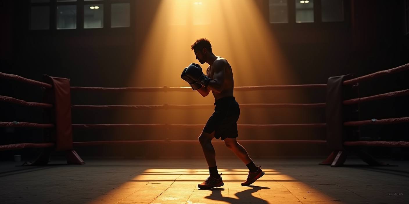 Boxeur en pause prête à attaquer dans un ring éclairé par un faisceau lumineux, gants levés et posture prête, ambiance intense. technique des coups de poing boxe anglaise est suggérée par le contexte.