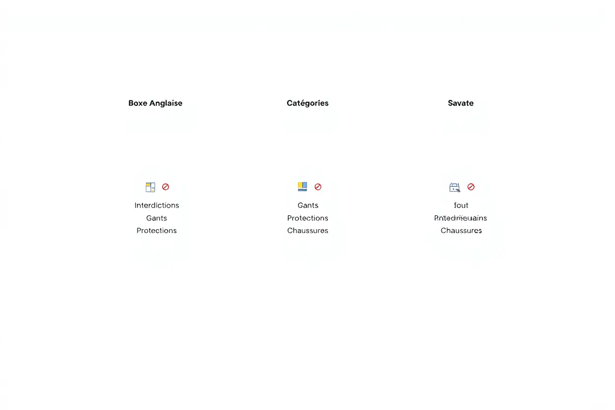 Comparatif visuel: boxe anglaise, catégories et savate avec icônes et intitulés correspondants. Différence entre savate et boxe anglaise évoquée par les sections.