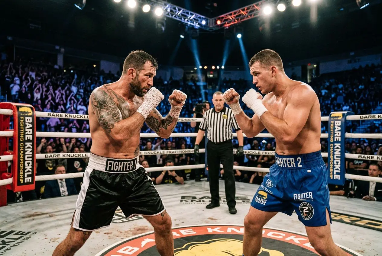 Deux boxeurs se font face sans gants dans un ring, échangeant des coups près du corps, avec un arbitre et une foule en arrière-plan.