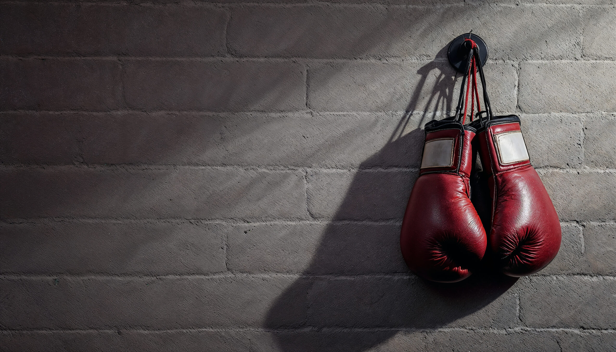 Gants de boxe rouges suspendus au mur, lumière créant une ombre nette sur la brique. gants boxe débutant quel type intégré, prêt pour l’entraînement.
