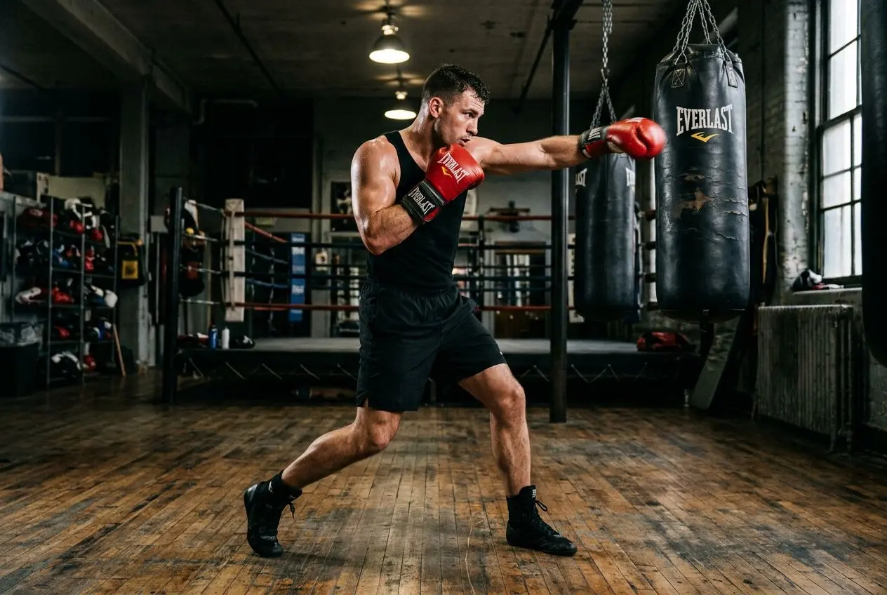 Un boxeur muscle en train de lancer un jab sur le sac lourd dans une salle de boxe, bras tendu, posture solide et poings rouges. alt text intégrant le mot-clé: « différence entre un jab et un direct » de manière naturelle.
