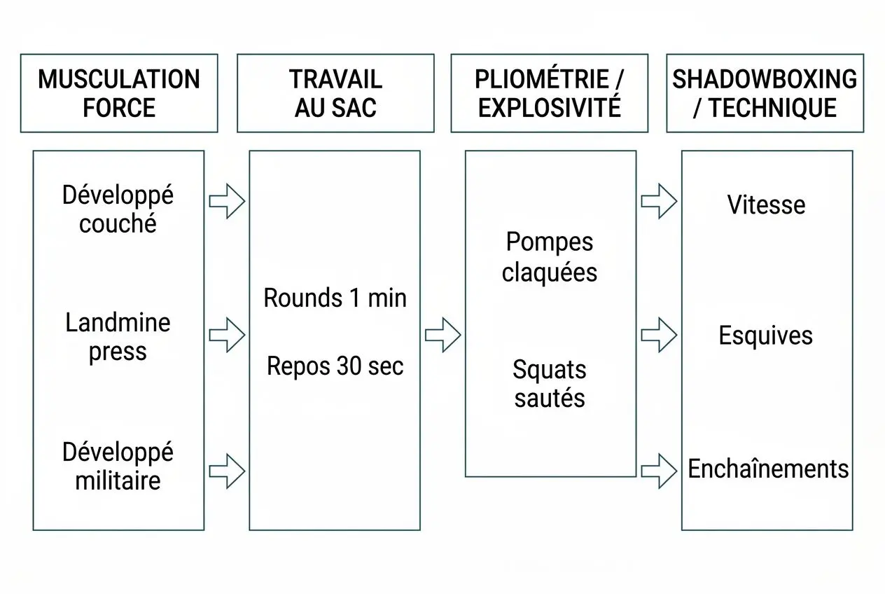 Diagramme d’entraînement pour augmenter la puissance de frappe en boxe : musculation force, travail au sac et pliométrie/explosivité, avec cycles et exercices.