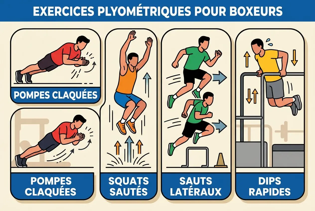 Exercices pliométriques pour boxeurs: pompes claquées, squats sautés, sauts latéraux et dips rapides, amélioration puissance de frappe.