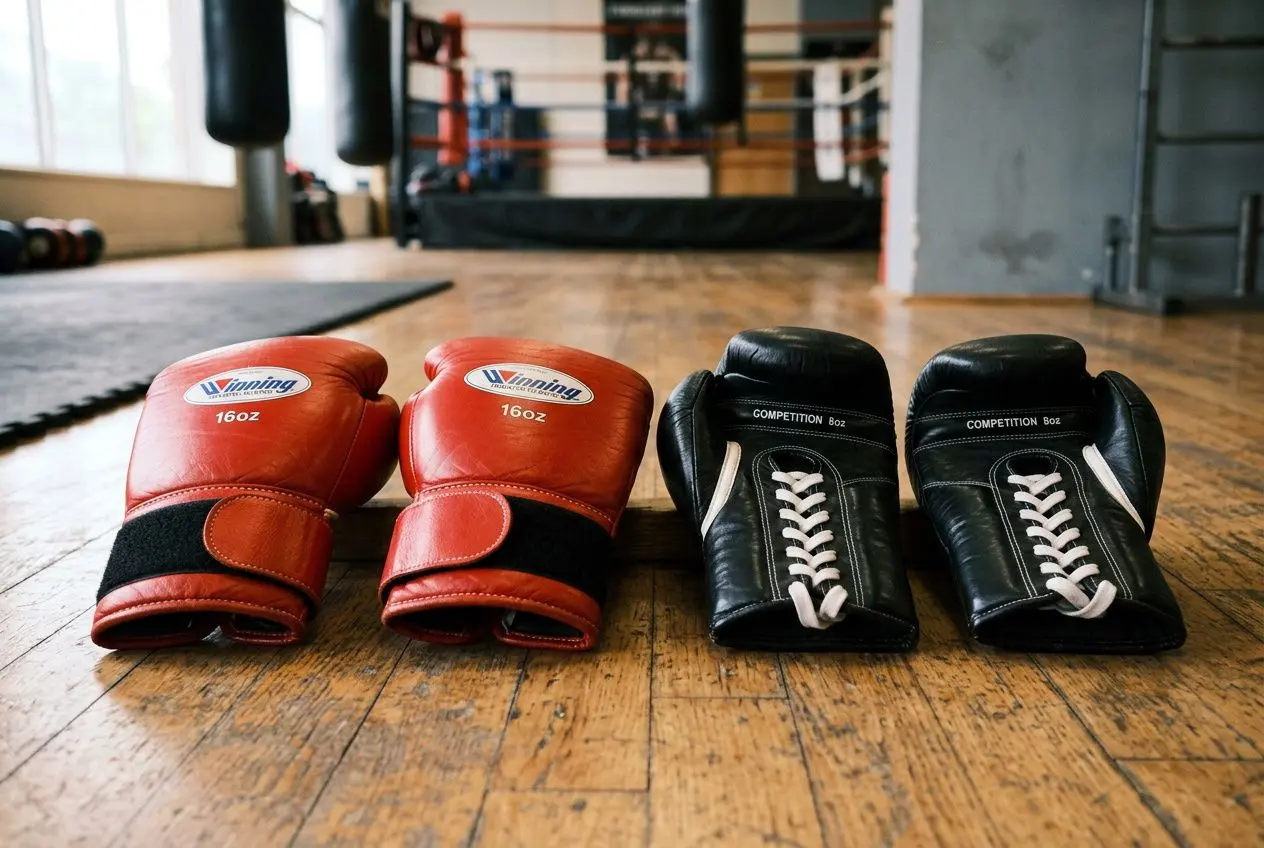 Deux paires de bandages de boxe rouge et noir posées sur le sol d'un gymnase, prêts pour l'entraînement, pour pourquoi mettre des bandages de boxe.