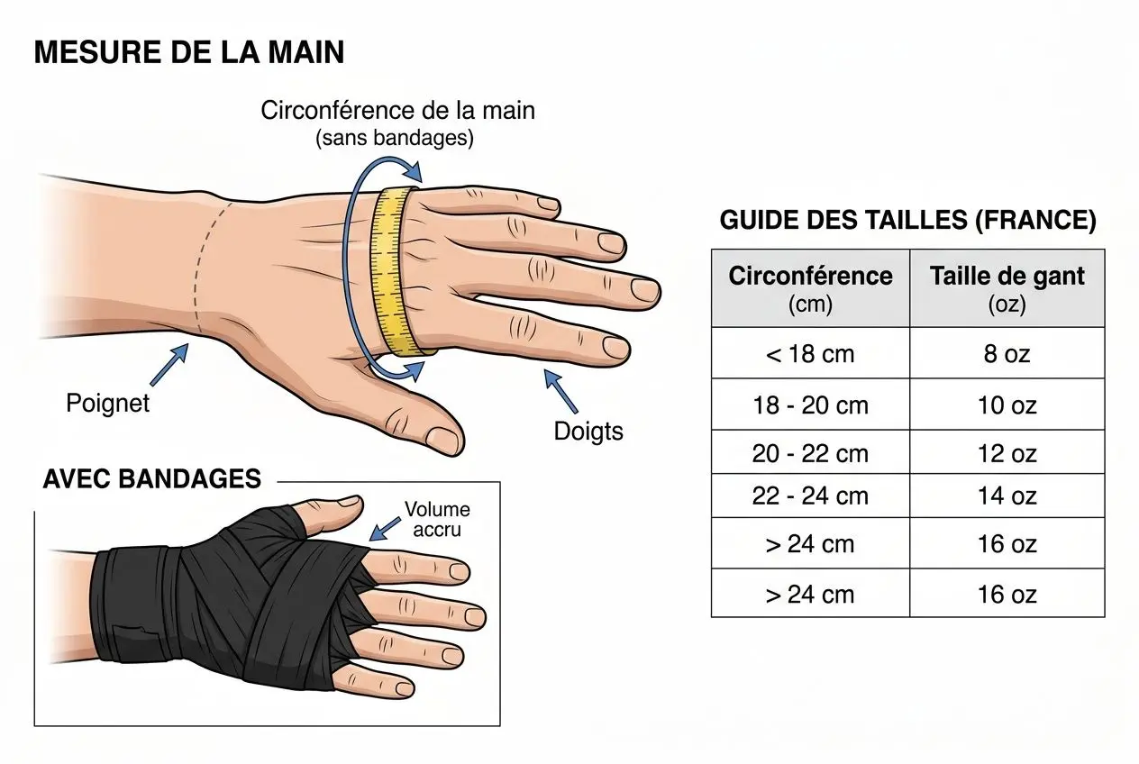 Mesure de la main avec bandages: main en vue; cercle autour du poignet et des doigts; illustration idée de guidage des tailles et main bandée pour protection. Pourquoi mettre des bandages de boxe.