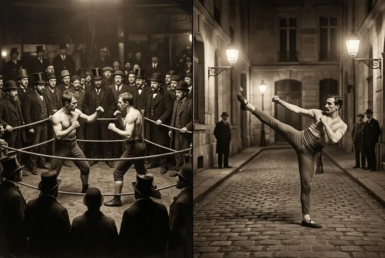 Deux boxeurs en clinch dans un ring ancien, entourés de spectateurs en noir et blanc; à droite, un boxeur effectue un coup de pied spectaculaire sur une rue pavée. Inclure le mot-clé: pourquoi les boxeurs s accrochent.