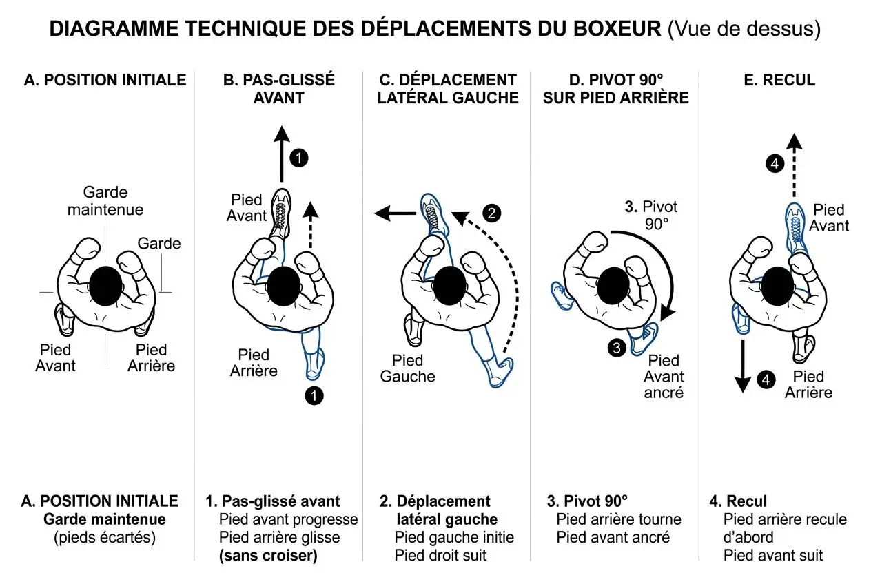 Diagramme technique des déplacements du boxeur en steps: position initiale, pas-glissé avant, déplacement latéral gauche, pivot 90° sur pied arrière et recul, illustrant l’équipement et protection fonctionnels en boxe.