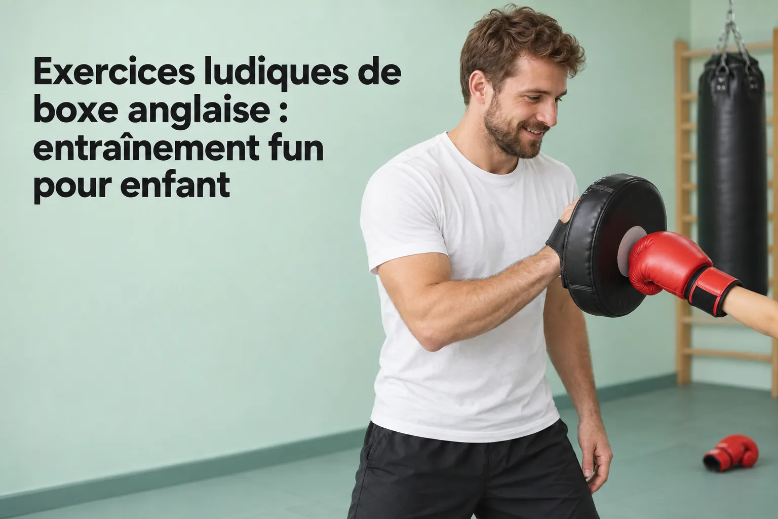 Exercice ludique boxe anglaise : enfant reçoit un coup de poing sur un sac, entraînement fun et concentré dans une salle.