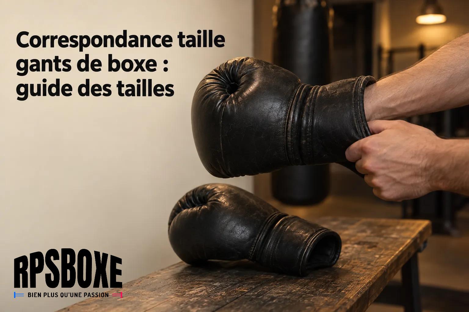 Une paire de gants de boxe noirs posés sur une table avec une main gantée en train de les ajuster.